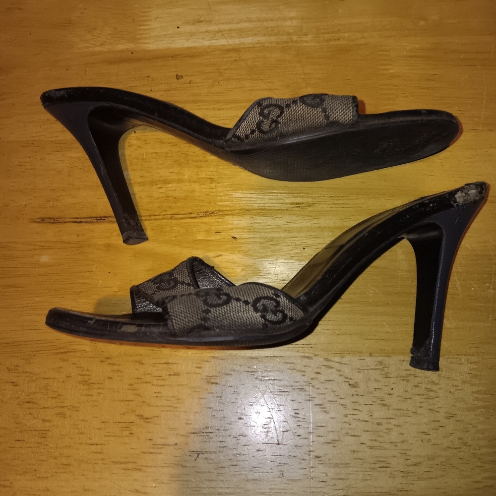Gucci Brown/Black GG Canvas Slide Heels - Picture 3 of 6